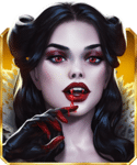 Vampire-themed character with striking red lips