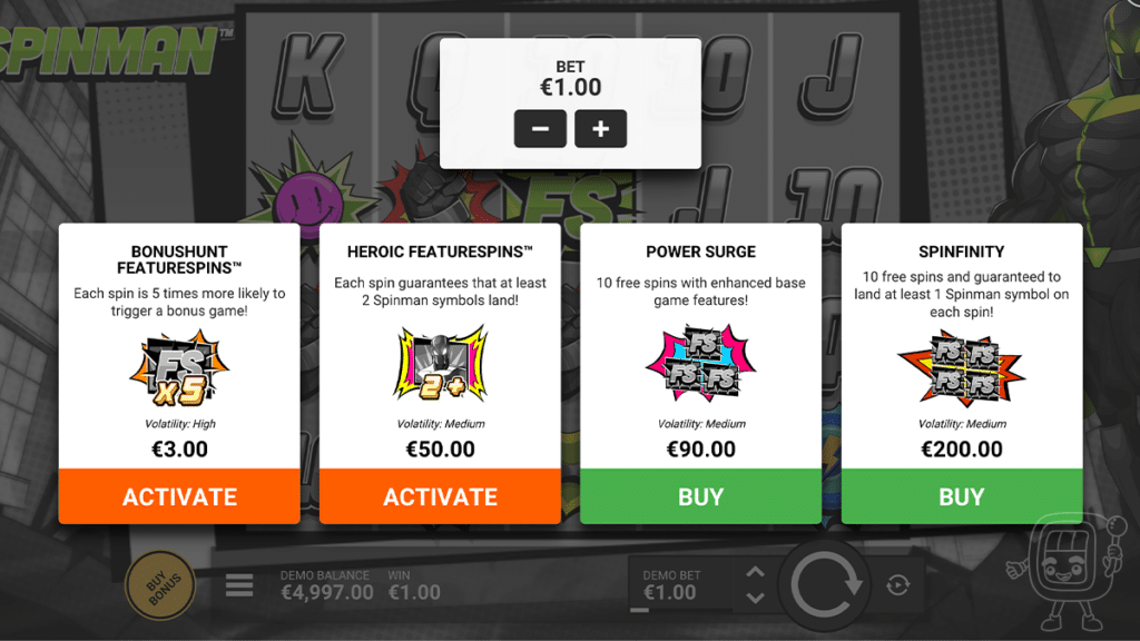 spinman slot bonus buy options