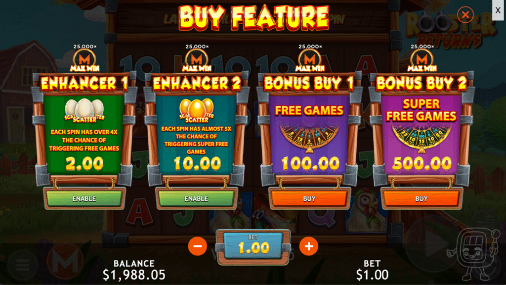 rooster returns slot massive studios bonus buy options